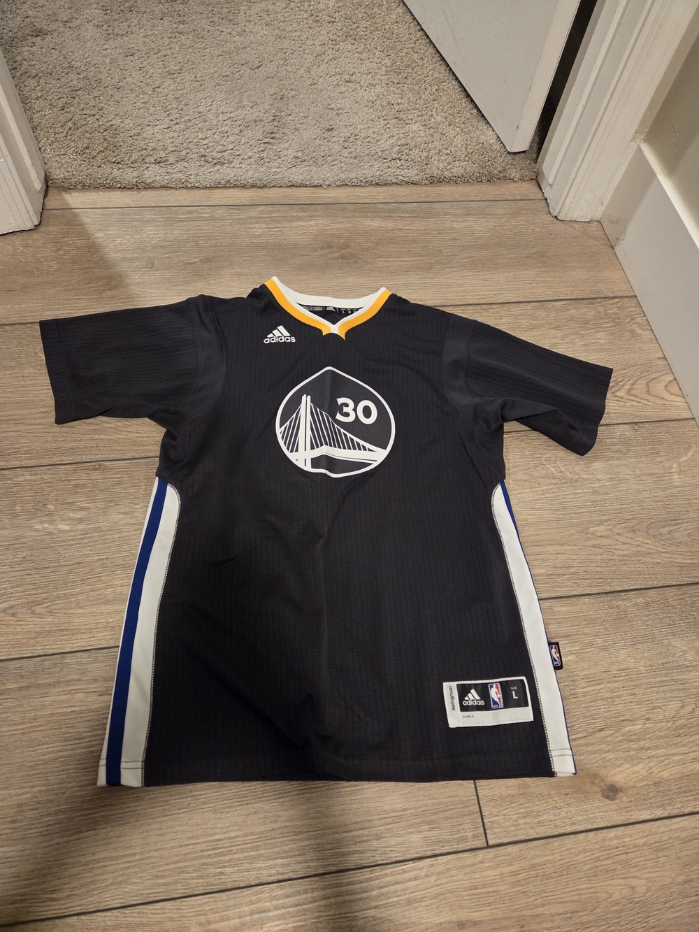adidas Youth Black Warriors #30 Basketball Jersey with White & Blue Accents